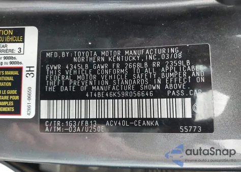 2009 Toyota Camry Le z USA, uszkodzony, nr VIN 4T4BE46K59R056646